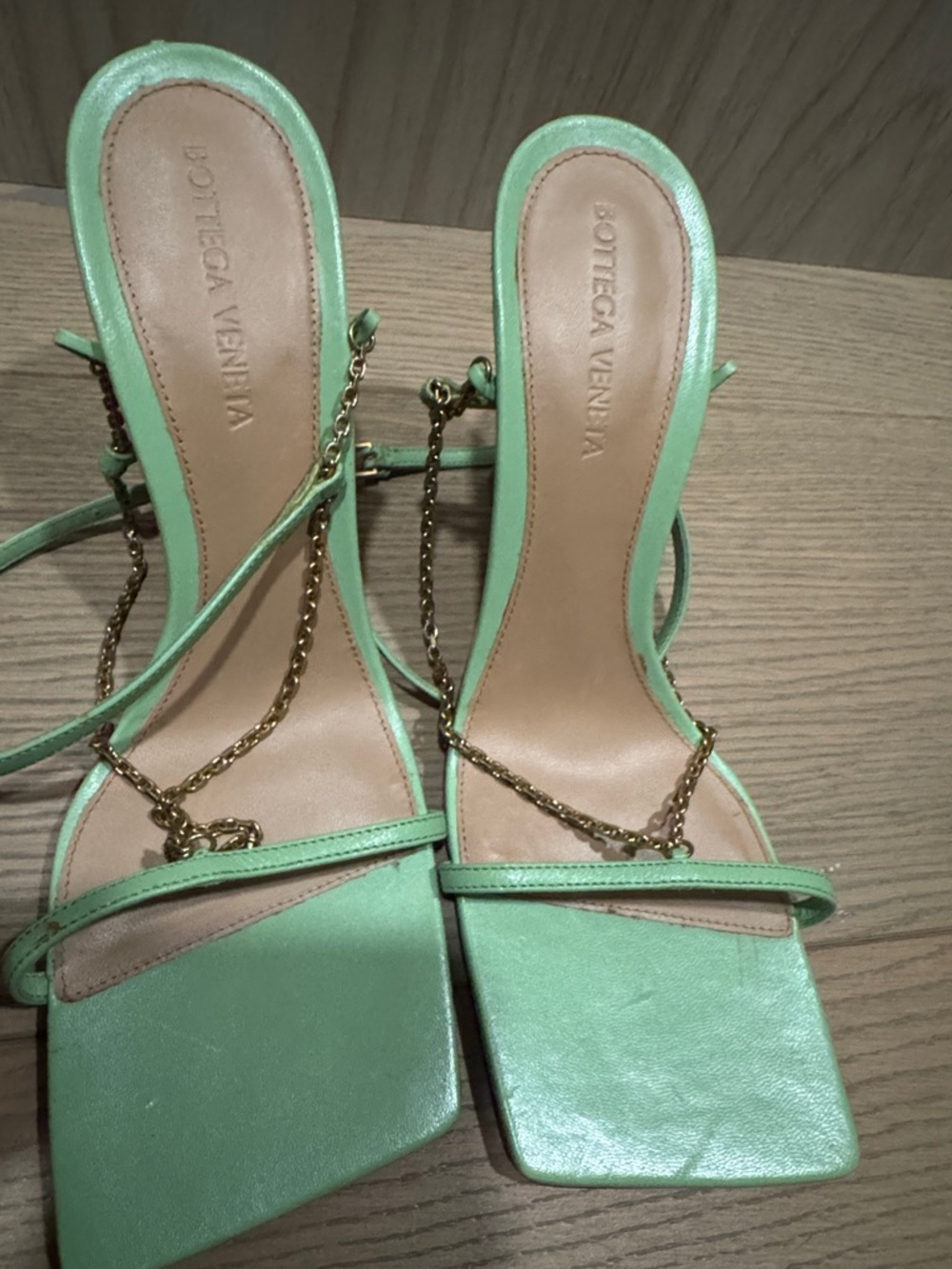 Bottega Veneta Pastel Green Square Toe Chain-Strap Heels - Picture 4 of 4